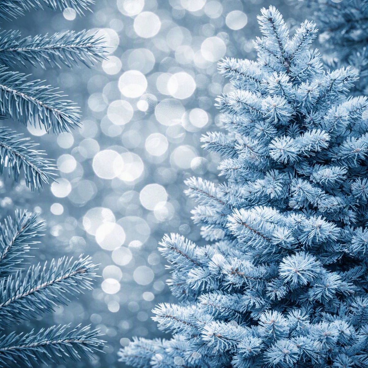 Silver Spruce tree surrounded by frosty silver lights. Gives the feel for Silver Spruce Fragrance Oil