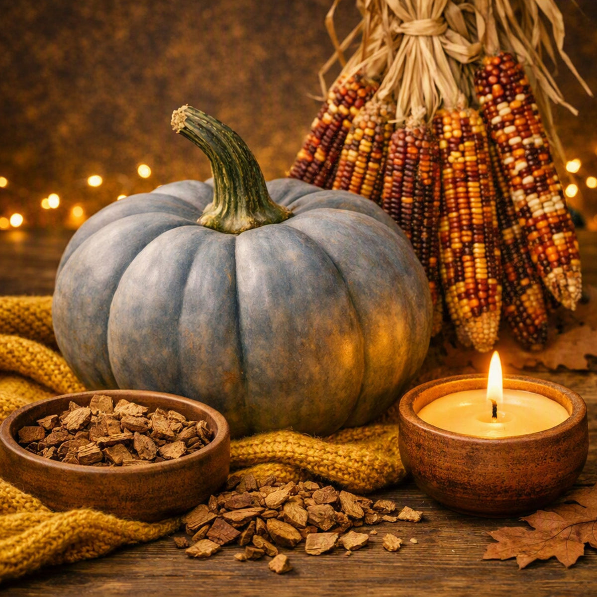 A styled autumn scene with a large blue-gray pumpkin, hanging multicolor ears of corn, a lit candle in a wooden bowl, small wooden bowls of bark pieces, and a knitted yellow scarf on a rustic wooden surface. This is what Spiced Pumpkin Patchouli Fragrance Oil smells like.