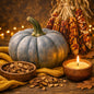 A styled autumn scene with a large blue-gray pumpkin, hanging multicolor ears of corn, a lit candle in a wooden bowl, small wooden bowls of bark pieces, and a knitted yellow scarf on a rustic wooden surface. This is what Spiced Pumpkin Patchouli Fragrance Oil smells like.