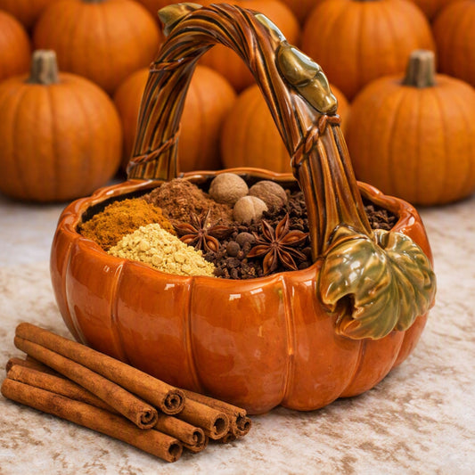 An orange ceramic pumpkin-shaped spice basket filled with cinnamon sticks, star anise, whole spices, and ground spices, with additional cinnamon sticks placed in front and a blurred background of pumpkins. To give the feel of Spicy Pumpkin Fragrance Oil.