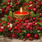 Red and white berries along with small pine cones, spruce branches and sugared raspberries surround a decorative red candle.  Used to give the feel of Spruceberry Fragrance Oil