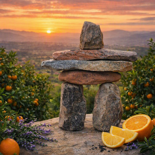 Stone man overlooking a citrus grove with sprigs of lavender and cut oranges beside him. Gives the feel for the ozone fragrance oil Stone.