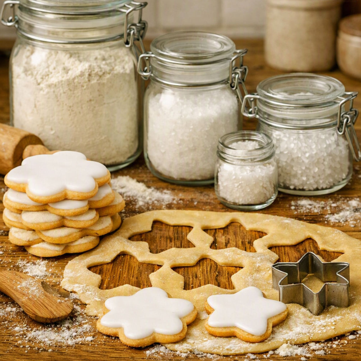 Star-shaped sugar cookies with white icing and metal star cookie cutters on a wooden surface, with glass jars of flour and sugar in the background. To give the feel for the smell of Sugar Cookie Fragrance Oil.