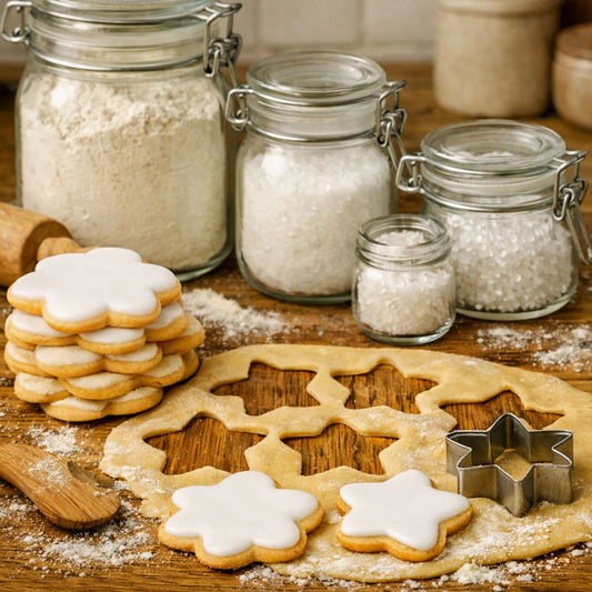 Star-shaped sugar cookies with white icing and metal star cookie cutters on a wooden surface, with glass jars of flour and sugar in the background. To give the feel for the smell of Sugar Cookie Fragrance Oil.