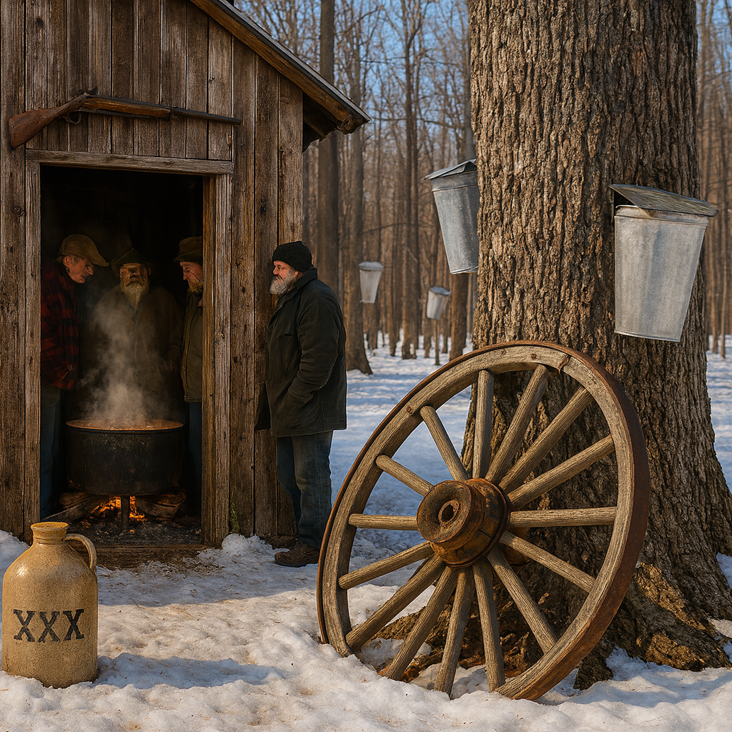 Rustic sugar shack in snowy forest with three men boiling maple sap, sap buckets on trees, wagon wheel, and XXX jug to depict the fragrance oil Sugar Shanty.
