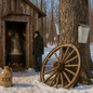 Rustic sugar shack in snowy forest with three men boiling maple sap, sap buckets on trees, wagon wheel, and XXX jug to depict the fragrance oil Sugar Shanty.