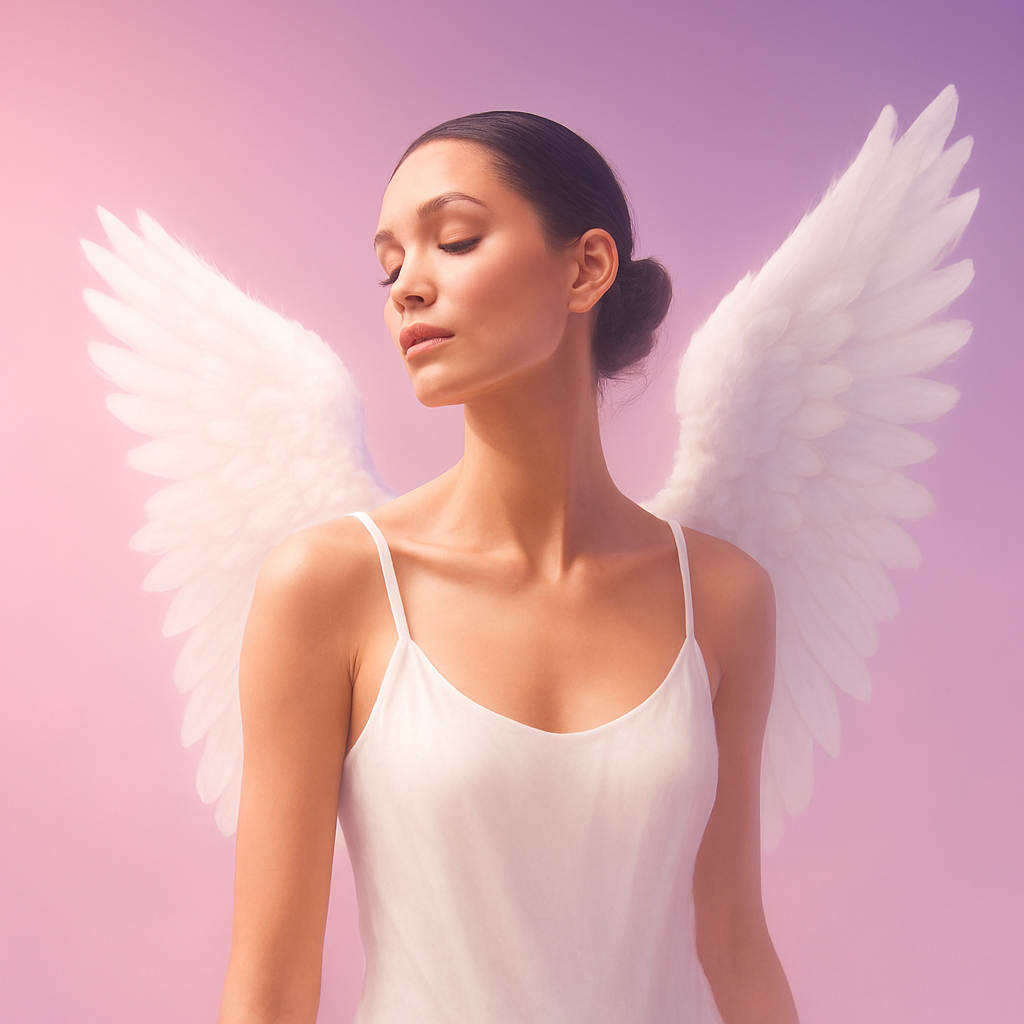  Sultry Angel™ Fragrance Oil visual — elegant woman in white with feathered wings, glowing pink and lavender background evokes soft floral and musky allure.