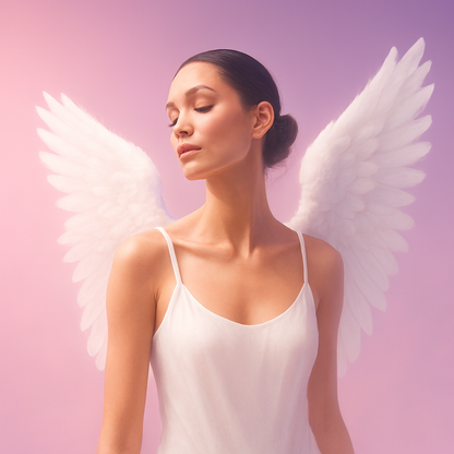  Sultry Angel™ Fragrance Oil visual — elegant woman in white with feathered wings, glowing pink and lavender background evokes soft floral and musky allure.
