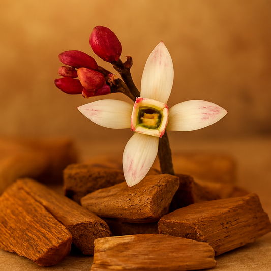 Sunwarmed Sandalwood™ Fragrance Oil visual — four‑petaled flower with square center emerging from warm sandalwood wood pieces.