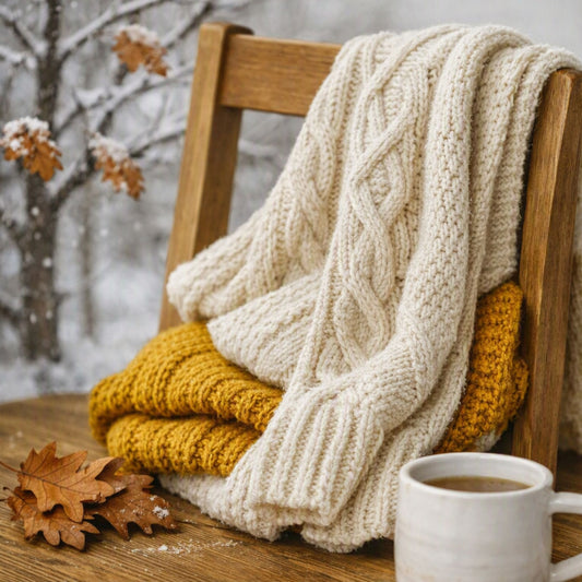 A cozy knit throw blanket in cream is draped over a wooden chair next to a folded mustard yellow knit blanket, with a white mug on a wooden table and a snowy outdoor scene blurred in the background. If Sweater Weather had a scent it would be this Fragrance Oil.