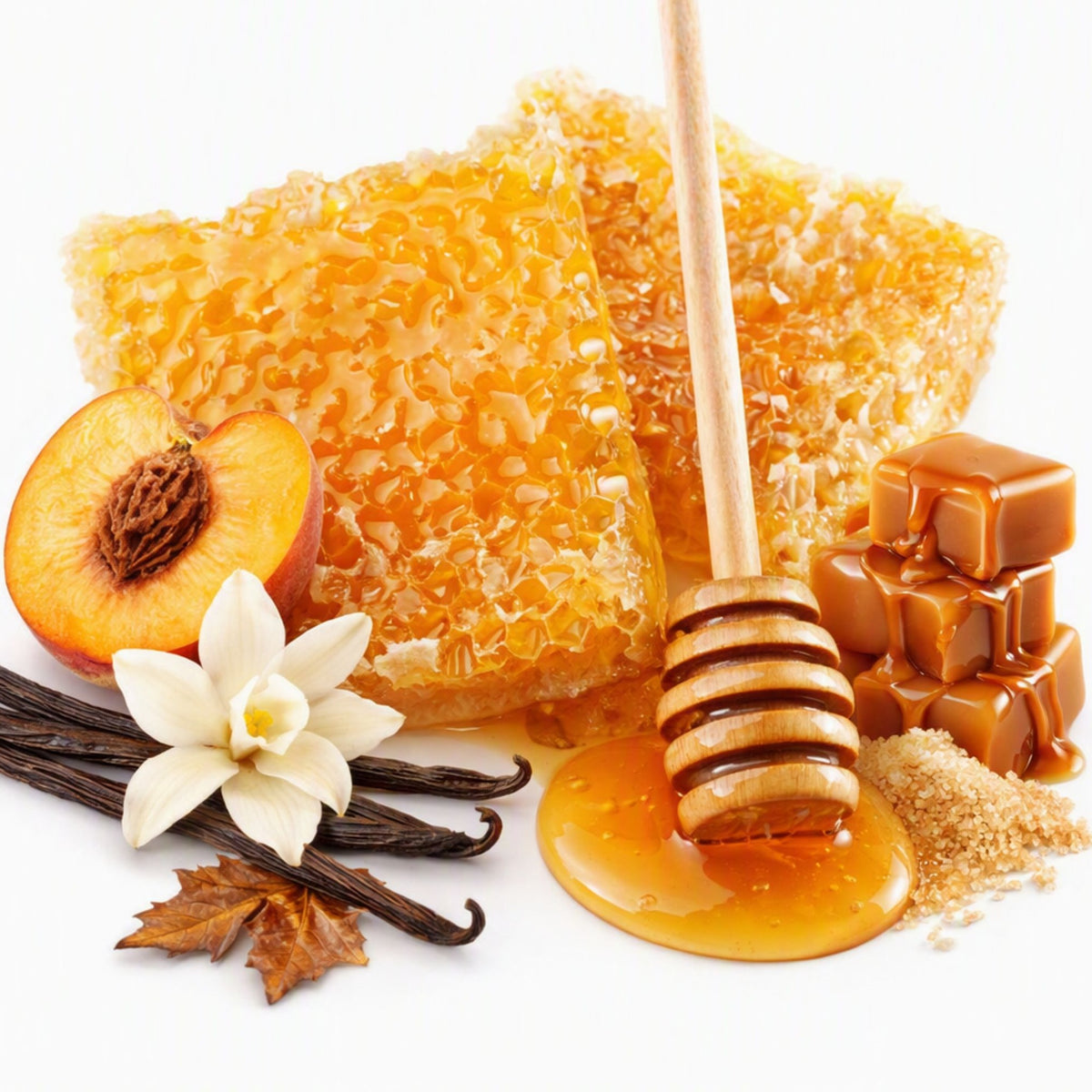 Raw honeycomb with dripping golden honey, a wooden honey dipper, caramel-colored honey cubes, a sliced peach, vanilla beans, a white flower, and brown sugar on a white background. Sweet Nectar Clean Fragrance Oil smells like this picture.