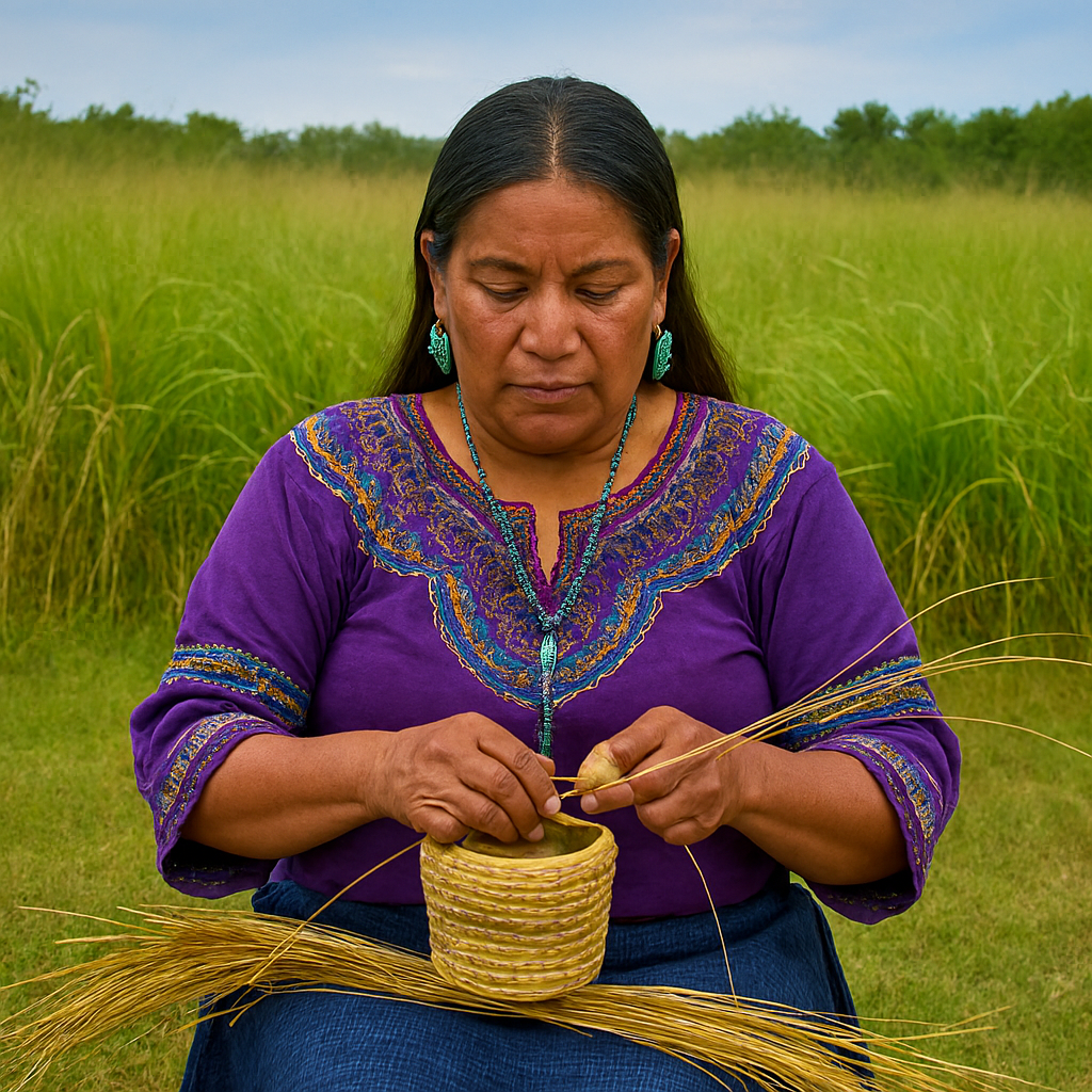  Native American woman weaving a sweetgrass basket in front of a lush sweetgrass field — inspired by Sweetgrass Fragrance Oil with notes of fresh earth, sacred grass, and heritage.
