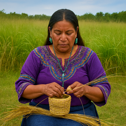  Native American woman weaving a sweetgrass basket in front of a lush sweetgrass field — inspired by Sweetgrass Fragrance Oil with notes of fresh earth, sacred grass, and heritage.