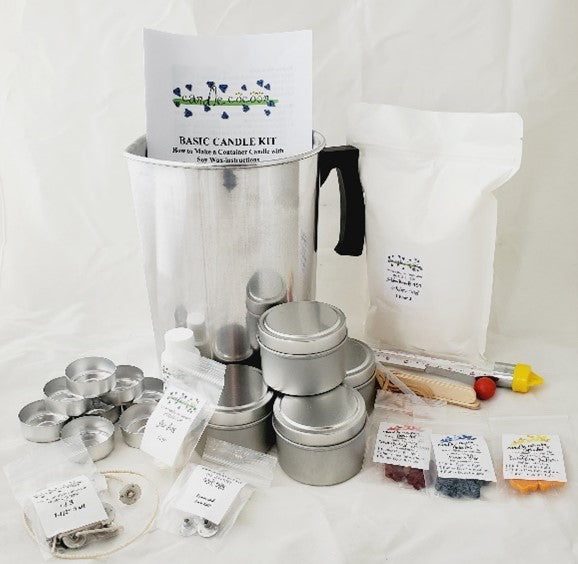 Candle Making Kit with pour pot, wax, dye, tins, thermometer and fragrance oil