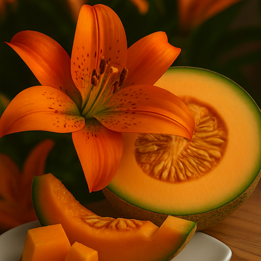  Vibrant orange tiger lily resting atop a halved cantaloupe with visible seeds and juicy orange flesh — evoking the sensory blend of Tiger Lily and Cantaloupe Fragrance Oil.