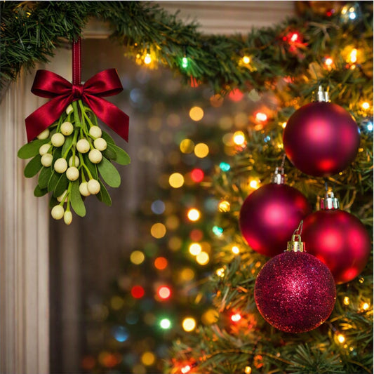 A festive Christmas garland decorated with a red satin bow and mistletoe ornament on the left, and shiny red and glittery burgundy tree ornaments on the right, with blurred multicolored holiday lights in the background. Gives the feeling of Tis the Season Fragrance Oil scent.