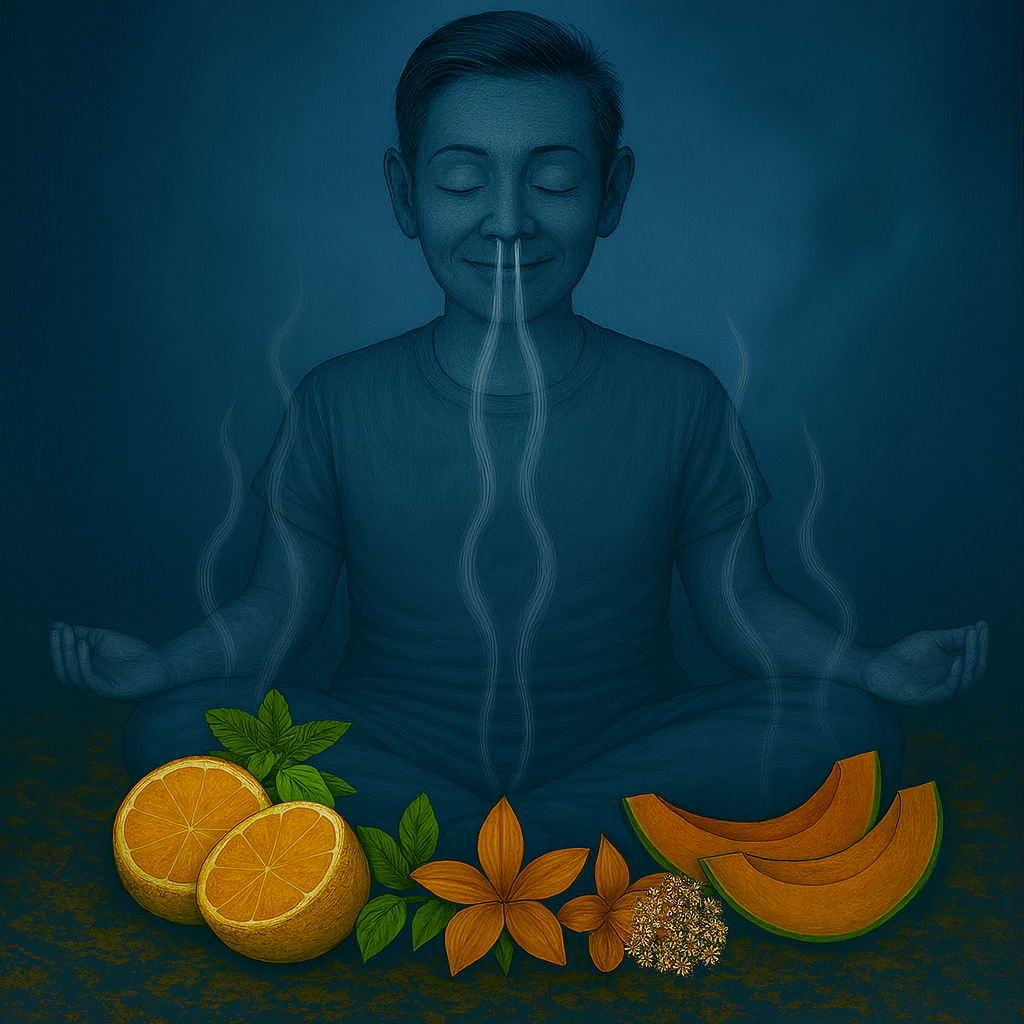 Transcendence Fragrance Oil visualized as a serene figure inhaling gentle aromatic vapors from citrus, melon, mint, musk and flowers — each stream rising from the earth in soft blue mist, symbolizing the harmony of opposites and the transformative power of scent.