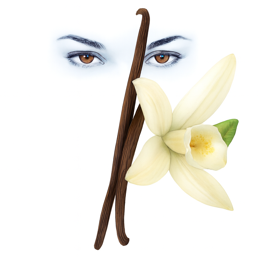 Vanilla Voodoo Fragrance Oil — three dark vanilla bean pods stand vertically in front of a blooming vanilla orchid with soft ivory petals and a speckled yellow center. Behind them, a pair of sultry brown eyes outlined in misty blue gaze forward, framed by arched brows and long lashes. Set against a pure white background, the composition evokes mystery, warmth, and botanical elegance.