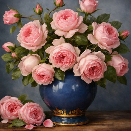 A still life arrangement of pink Victorian roses with green leaves in a glossy cobalt blue vase with gold detailing, set against a dark blue-gray background on a wooden surface. This is what Victorian Rose Fragrance Oil from Northstar smells like.