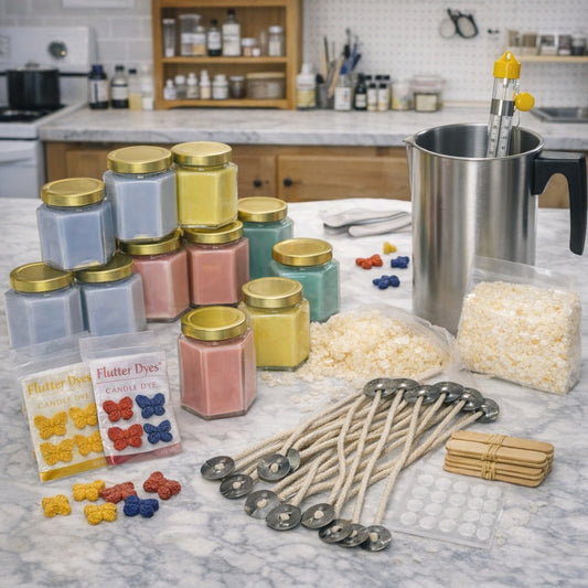Victorian Jar Candle Making Kit Plus with Pour pot, thermometer, wicks, Flutter dyes, jars and instructions