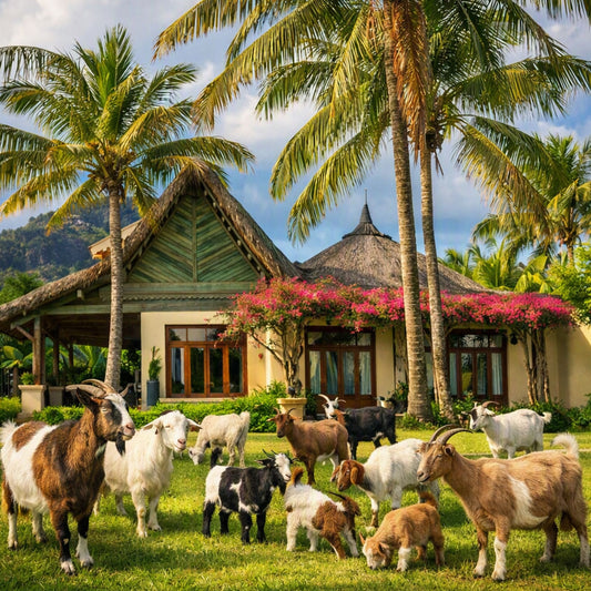 A tropical resort-style villa with palm trees and a herd of goats and sheep grazing in the front yard on a grassy lawn. Tropical scent of Villa in Paradise can be felt from this picture.