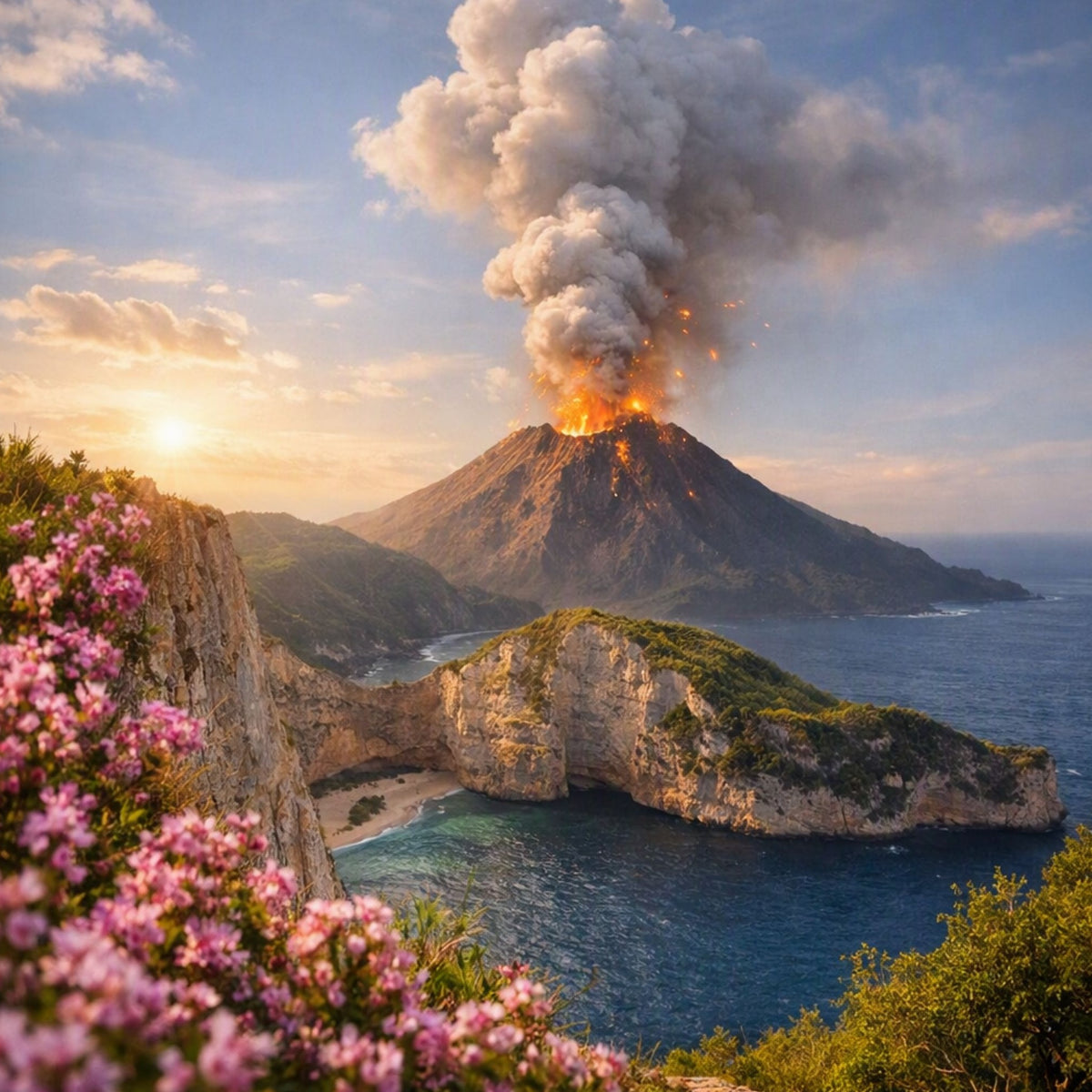 A dramatic coastal landscape with a volcano erupting, sending a large plume of smoke into the sky. Rocky cliffs, a small beach cove, blue ocean, and pink flowers in the foreground are visible under a warm sunset sky. Gives the feel for Volcano Fragrance Oil by Northstar.