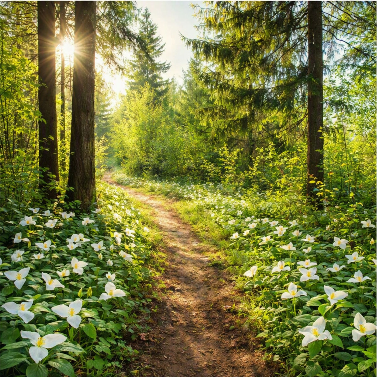 A sunlit forest path winding through tall evergreen trees and dense green undergrowth, with clusters of white Trillium flowers lining both sides of the trail. Giving the idea for the scent of Walk in the Woods Fragrance Oil by Northstar