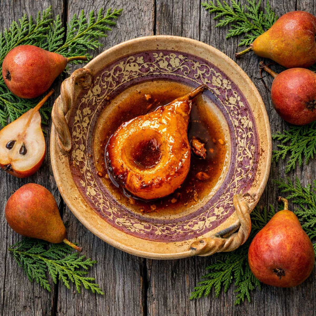 A beautifully styled overhead shot of a glazed caramelized pear served in a rustic ceramic bowl, surrounded by fresh whole and sliced pears and green foliage on a weathered wooden table. This is what Warm Pear and Cedar Fragrance Oil Smells like.