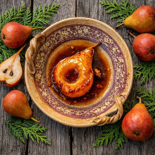A beautifully styled overhead shot of a glazed caramelized pear served in a rustic ceramic bowl, surrounded by fresh whole and sliced pears and green foliage on a weathered wooden table. This is what Warm Pear and Cedar Fragrance Oil Smells like.