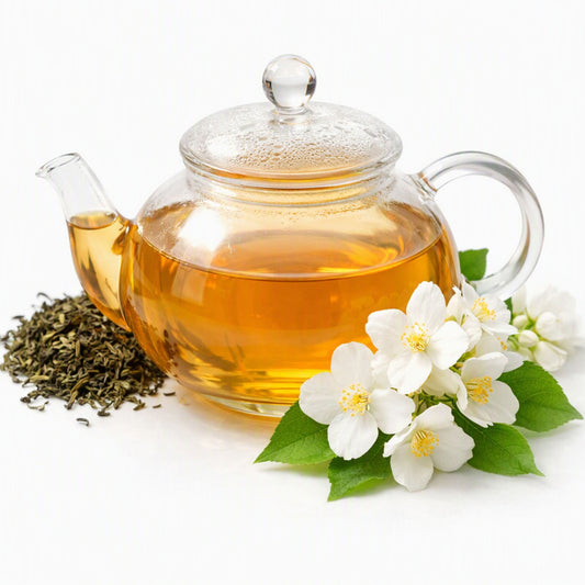 A clear glass teapot filled with amber tea, styled with white jasmine flowers and green leaves on a white background, with loose dried tea leaves visible on the left. To give the feel of the fragrance oil White Tea from Northstar.
