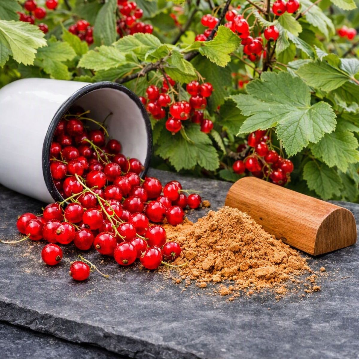Fresh red currants spilling from a white enamel canister onto a dark stone surface, with a pile of sandalwood powder and a wooden scoop in front of a leafy currant bush. To feel the Wild Current and Sandalwood Fragrance Oil.