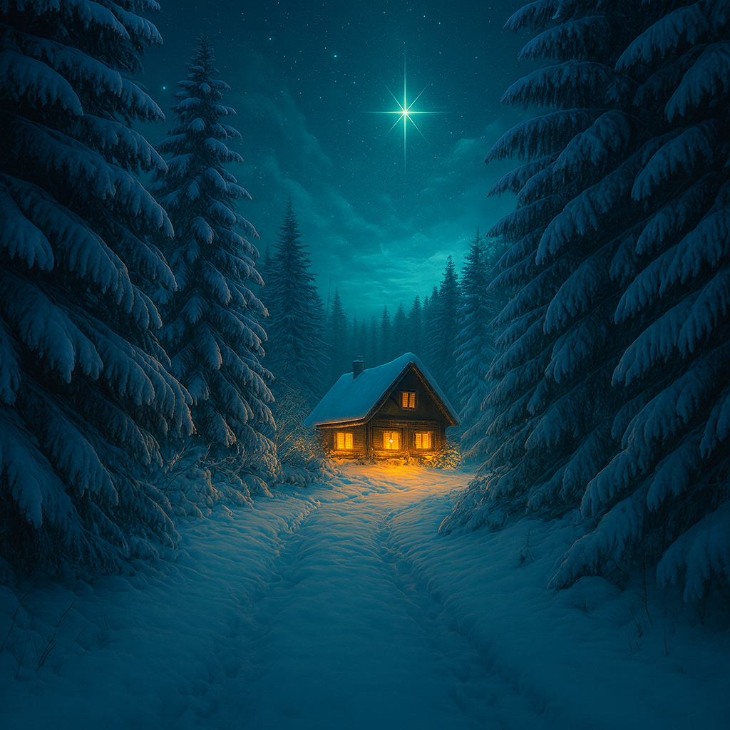 Winter Woodlands Whisper™ Fragrance Oil — snow-covered evergreens frame a winding path leading to a warmly lit cabin under a turquoise twilight sky. A radiant star glows above, casting soft light over the snow. Evokes the serene, magical hush of winter woods and the comforting glow of home.