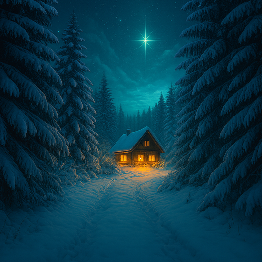 Winter Woodlands Whisper™ Fragrance Oil — snow-covered evergreens frame a winding path leading to a warmly lit cabin under a turquoise twilight sky. A radiant star glows above, casting soft light over the snow. Evokes the serene, magical hush of winter woods and the comforting glow of home.