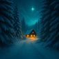 Winter Woodlands Whisper™ Fragrance Oil — snow-covered evergreens frame a winding path leading to a warmly lit cabin under a turquoise twilight sky. A radiant star glows above, casting soft light over the snow. Evokes the serene, magical hush of winter woods and the comforting glow of home.