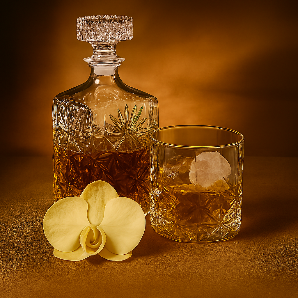 Cut crystal decanter and tumbler with amber XO Cognac tones, accented by a white vanilla orchid flower. The composition symbolizes the richness of XO Cognac and the delicate sweetness of Vanilla Orchid, captured as a luxury fragrance oil.