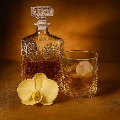 Cut crystal decanter and tumbler with amber XO Cognac tones, accented by a white vanilla orchid flower. The composition symbolizes the richness of XO Cognac and the delicate sweetness of Vanilla Orchid, captured as a luxury fragrance oil.