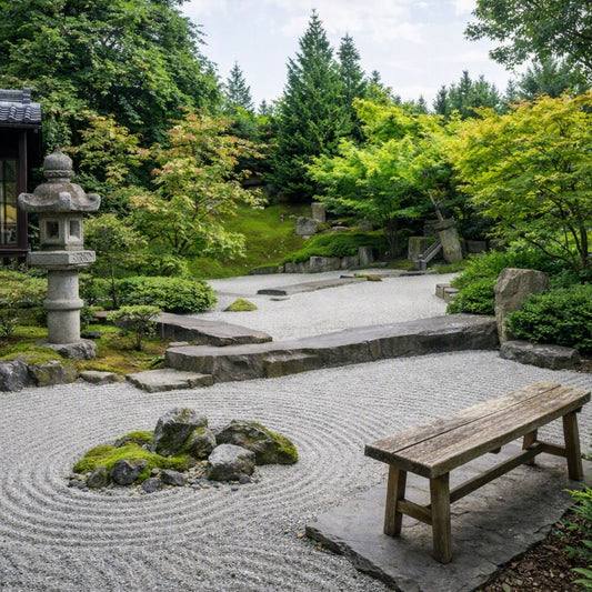 A serene Japanese-style garden with white raked gravel, a stone lantern, a wooden bench, mossy rocks, and dense green trees in the background. Gives the idea for the smell of Zen Garden Fragrance Oil