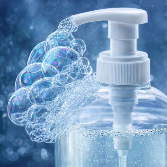 All-natural multi-use liquid soap base in a clear pump bottle dispensing foaming bubbles, ideal for soap making, hand soap, body wash, facial cleanser, and shampoo.