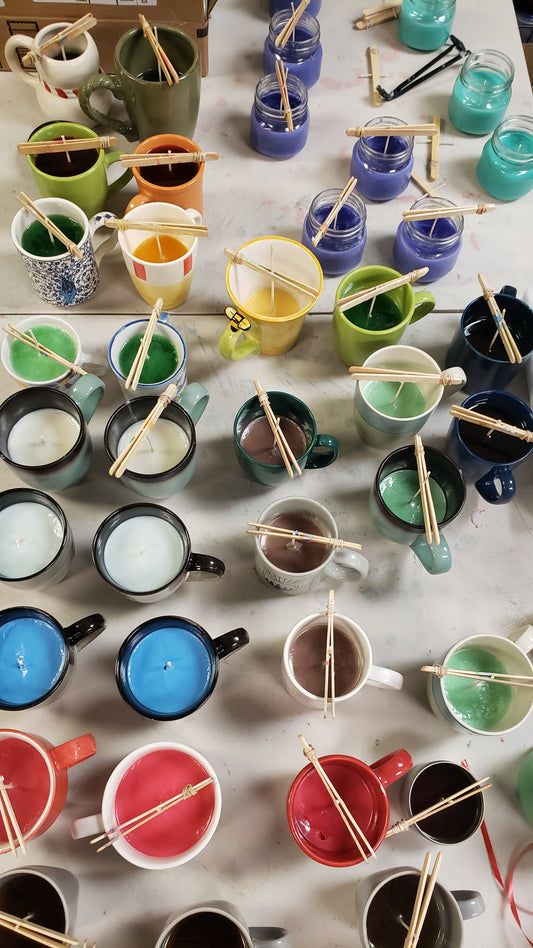 Container Candles that people from candle making class made using their own containers